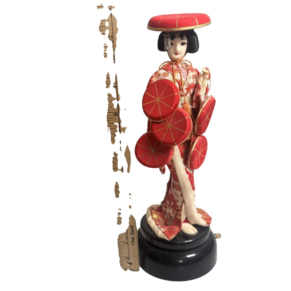 Vintage Japanese Geisha Doll Music Box Red Silk Kimono Rotating Musical Decor - Picture 4 of 6